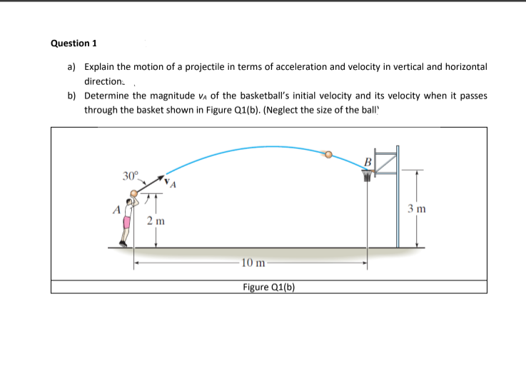 Question 1
a) Explain the motion of a projectile in terms of acceleration and velocity in vertical and horizontal
direction.
b) Determine the magnitude VA of the basketball's initial velocity and its velocity when it passes
through the basket shown in Figure Q1(b). (Neglect the size of the ball
30°
2m
10 m-
Figure Q1(b)
B
3 m