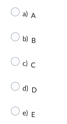 a) A
Ob) B
O
c) C
O d)
d) D
O e) E