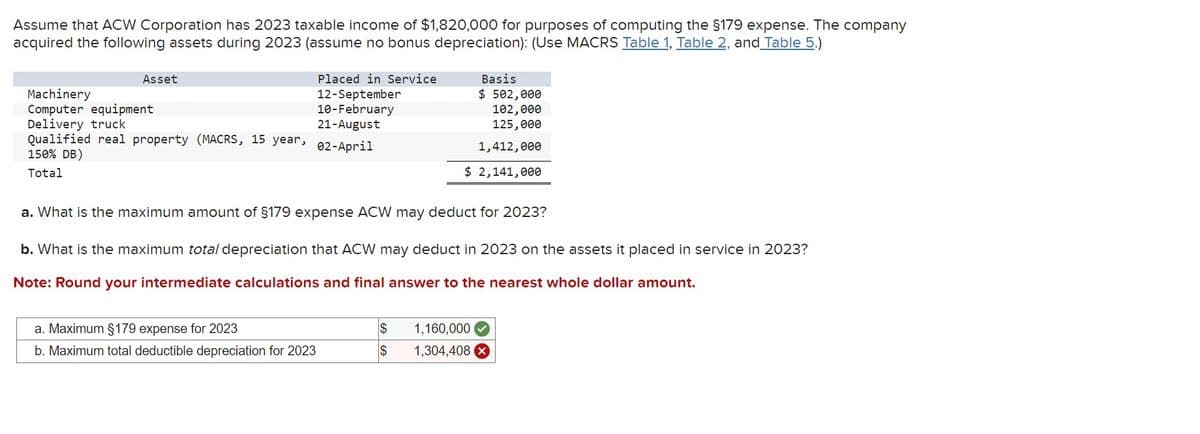 Assume that ACW Corporation has 2023 taxable income of $1,820,000 for purposes of computing the §179 expense. The company
acquired the following assets during 2023 (assume no bonus depreciation): (Use MACRS Table 1, Table 2, and Table 5.)
Placed in Service
12-September
10-February
Delivery truck
21-August
Qualified real property (MACRS, 15 year, 02-April
150% DB)
Total
Asset
Machinery
Computer equipment
a. What is the maximum amount of $179 expense ACW may deduct for 2023?
b. What is the maximum total depreciation that ACW may deduct in 2023 on the assets it placed in service in 2023?
Note: Round your intermediate calculations and final answer to the nearest whole dollar amount.
a. Maximum §179 expense for 2023
b. Maximum total deductible depreciation for 2023
Basis
$ 502,000
102,000
125,000
1,412,000
$ 2,141,000
$
$
1,160,000
1,304,408 X