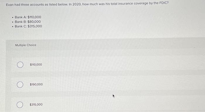 Evan had three accounts as listed below. In 2020, how much was his total insurance coverage by the FDIC?
• Bank A: $110,000
Bank B: $80,000
• Bank C: $315,000
Multiple Choice
O
$110,000
$190,000
O $315,000