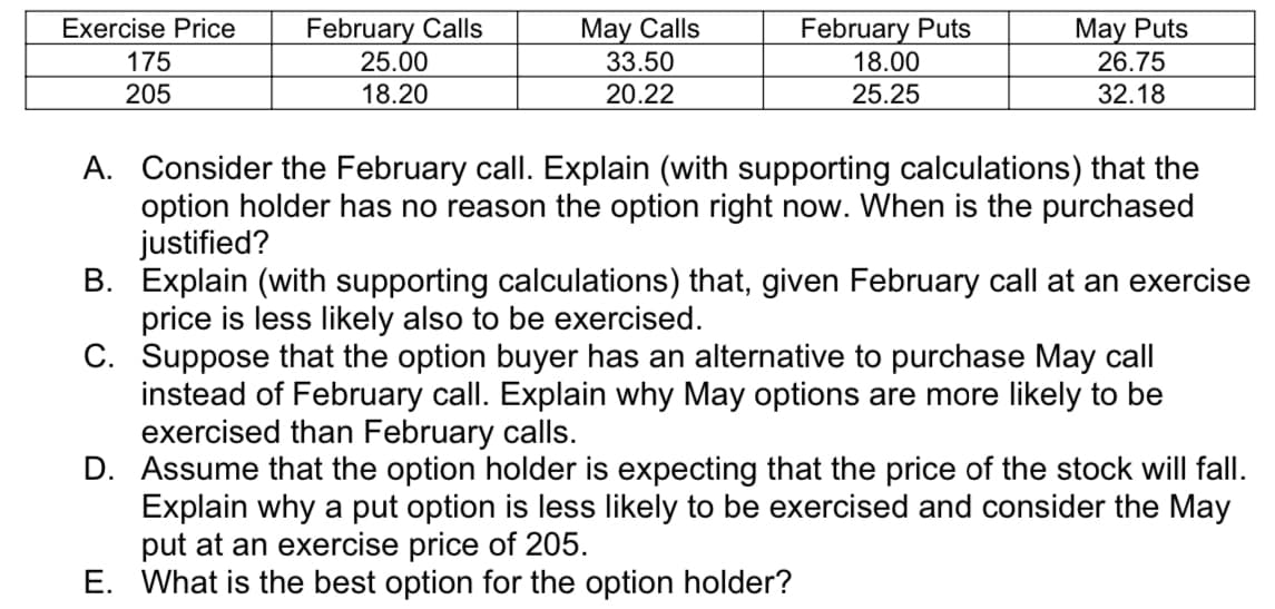 February Calls
25.00
Маy Calls
33.50
February Puts
18.00
May Puts
26.75
Exercise Price
175
205
18.20
20.22
25.25
32.18
A. Consider the February call. Explain (with supporting calculations) that the
option holder has no reason the option right now. When is the purchased
justified?
B. Explain (with supporting calculations) that, given February call at an exercise
price is less likely also to be exercised.
C. Suppose that the option buyer has an alternative to purchase May call
instead of February call. Explain why May options are more likely to be
exercised than February calls.
D. Assume that the option holder is expecting that the price of the stock will fall.
Explain why a put option is less likely to be exercised and consider the May
put at an exercise price of 205.
E. What is the best option for the option holder?
