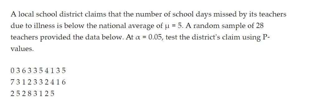 A local school district claims that the number of school days missed by its teachers
due to illness is below the national average of µ = 5. A random sample of 28
teachers provided the data below. At a = 0.05, test the district's claim using P-
values.
0363354135
7312332416
25283125