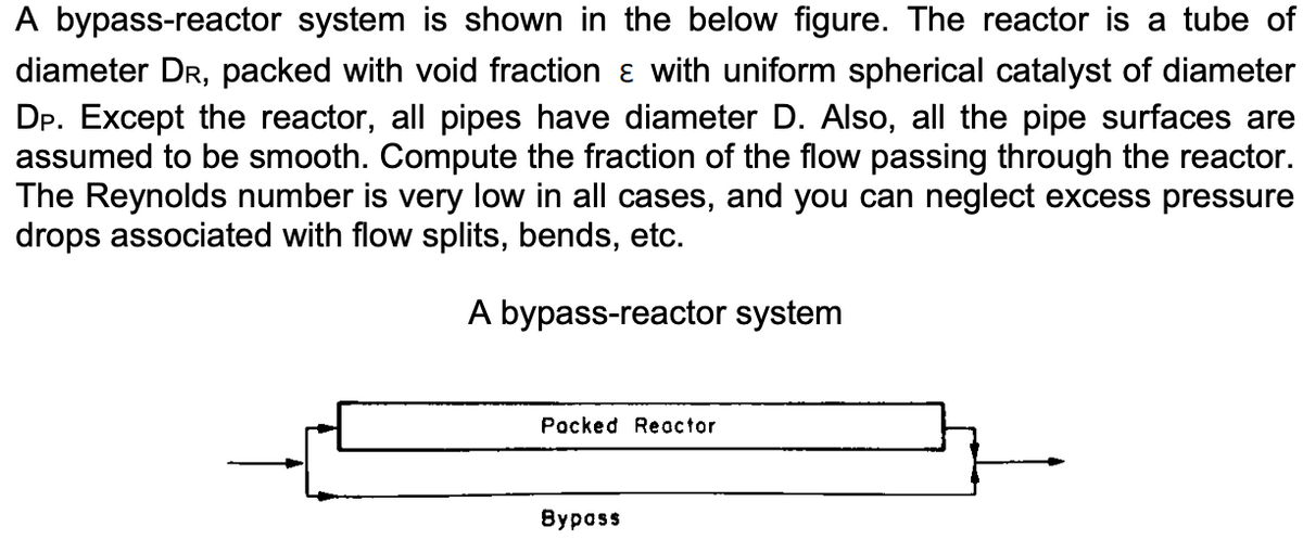 A bypass-reactor system is shown in the below figure. The reactor is a tube of
diameter DR, packed with void fraction & with uniform spherical catalyst of diameter
DP. Except the reactor, all pipes have diameter D. Also, all the pipe surfaces are
assumed to be smooth. Compute the fraction of the flow passing through the reactor.
The Reynolds number is very low in all cases, and you can neglect excess pressure
drops associated with flow splits, bends, etc.
A bypass-reactor system
Pocked Reactor
Bypass