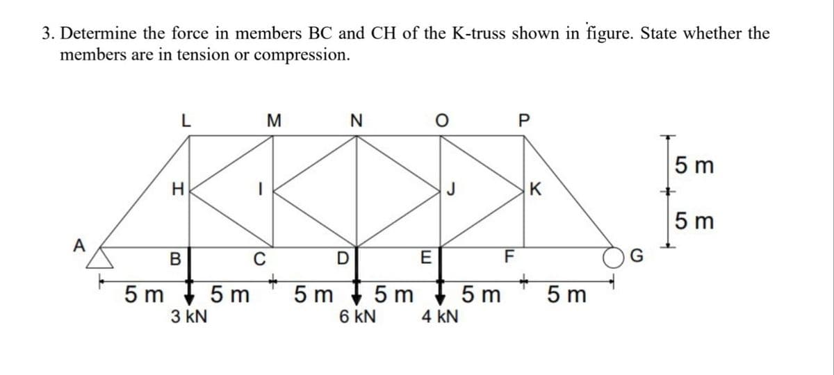 3. Determine the force in members BC and CH of the K-truss shown in figure. State whether the
members are in tension or compression.
5m
L
H
B
3 kN
5m
M
C
5m
D
N
5m
6 kN
E
4 KN
5m
F
P
K
5 m
5m
5 m