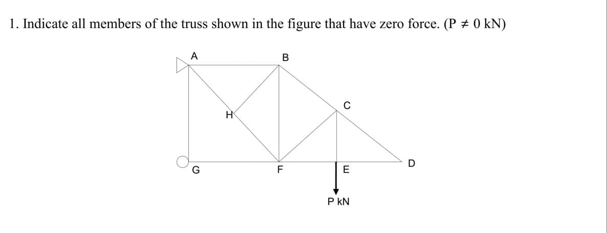 1. Indicate all members of the truss shown in the figure that have zero force. (P = 0 kN)
A
G
H
B
F
C
E
P KN