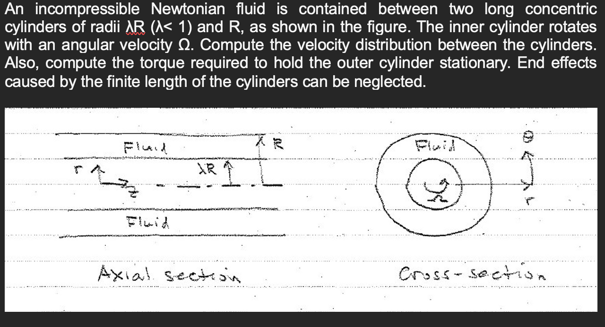 An incompressible Newtonian fluid is contained between two long concentric
cylinders of radii λR (^< 1) and R, as shown in the figure. The inner cylinder rotates
with an angular velocity . Compute the velocity distribution between the cylinders.
Also, compute the torque required to hold the outer cylinder stationary. End effects
caused by the finite length of the cylinders can be neglected.
r
word
XR ↑
Axial section
$5
Cross-section