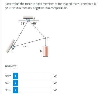 Determine the force in each member of the loaded truss. The force is
positive if in tension, negative if in compression.
A
61"
48
B
17
Answers:
AB -
i
AC - i
BC - i
