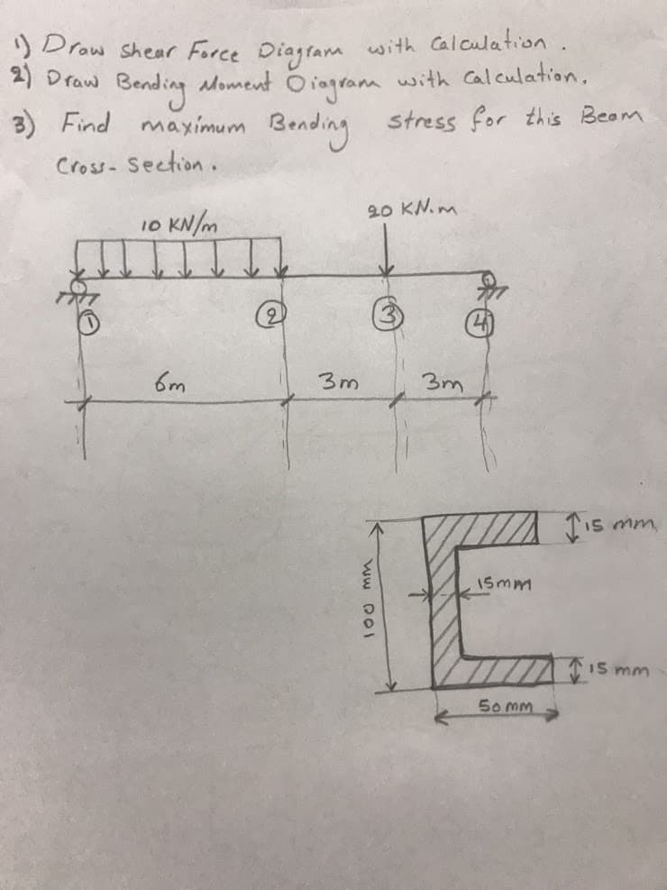 2 Drow shear Force Diagtam with Calculation.
Oiagrana with Calculation.
stress for this Beam
2) Draw
sMoment
Brnding
maximum Bending
3) Find
Cross- Section.
20 KN. m
10 KN/m
6m
3m
3m
Iis mm
15mm
115 mm
5o mm
2)
100 mm
