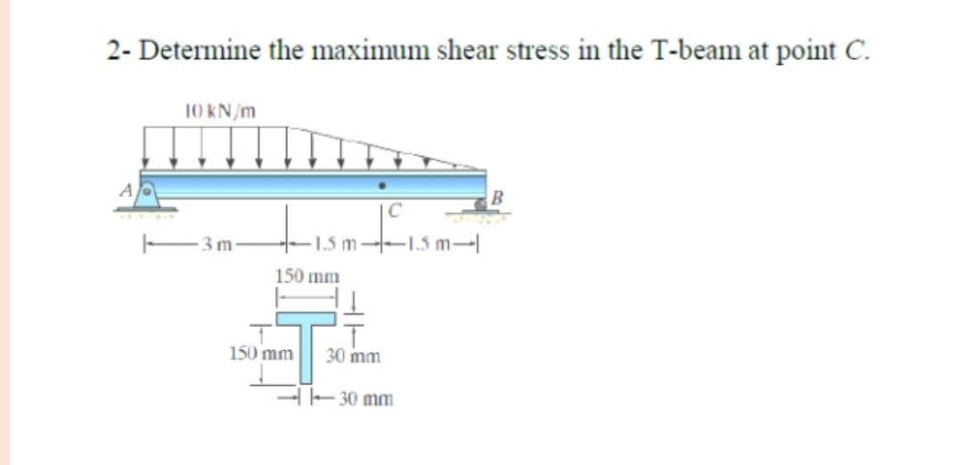 2- Determine the maximum shear stress in the T-beam at point C.
10 KN/m
-1.5 m-
-1.5 m-
3 m
150 mm
150 mm
30 mm
E 30 mm

