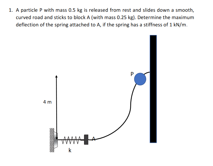 1. A particle P with mass 0.5 kg is released from rest and slides down a smooth,
curved road and sticks to block A (with mass 0.25 kg). Determine the maximum
deflection of the spring attached to A, if the spring has a stiffness of 1 kN/m.
4 m
k
P