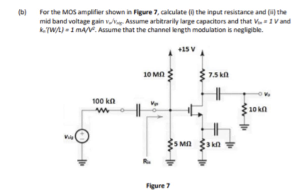 (b)
For the MOS amplifier shown in Figure 7, calculate (i) the input resistance and (i) the
mid band voltage gain vvag. Assume arbitrarily large capacitors and that Vm = 1 V and
ka'(W/L) = 1 mA/V°. Assume that the channel length modulation is negligible.
+15 V
10 MN
7.5 kn
100 kn
10 kn
Via
ES Mn 3 kn
Ri
Figure 7
