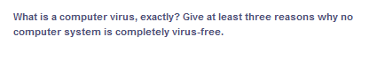 What is a computer virus, exactly? Give at least three reasons why no
computer system is completely virus-free.