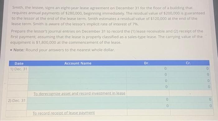 Smith, the lessee, signs an eight-year lease agreement on December 31 for the floor of a building that
requires annual payments of $280,000, beginning immediately. The residual value of $200,000 is guaranteed
to the lessor at the end of the lease term. Smith estimates a residual value of $120,000 at the end of the
lease term. Smith is aware of the lessor's implicit rate of interest of 7%.
Prepare the lessor's journal entries on December 31 to record the (1) lease receivable and (2) receipt of the
first payment, assuming that the lease is properly classified as a sales-type lease. The carrying value of the
equipment is $1,800,000 at the commencement of the lease.
Note: Round your answers to the nearest whole dollar.
Date
1) Dec. 31
Account Name:
Dr.
Cr.
0
0
0
0
0
0
0
0
To derecognize asset and record investment in lease
2) Dec. 31
0
0
00
To record receipt of lease payment
