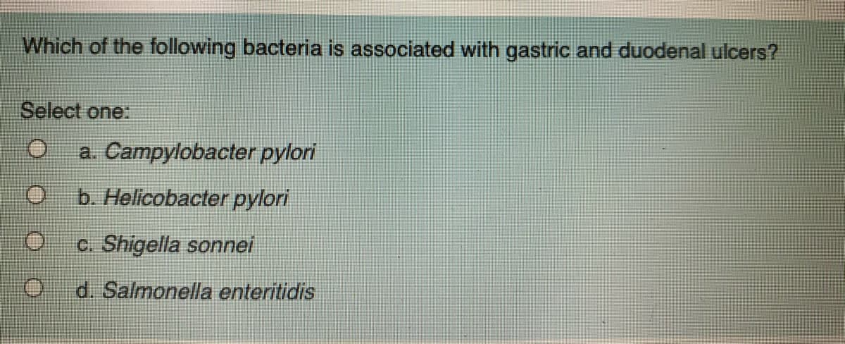Which of the following bacteria is associated with gastric and duodenal ulcers?
Select one:
a. Campylobacter pylori
b. Helicobacter pylori
c. Shigella sonnei
d. Salmonella enteritidis
