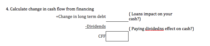 4. Calculate change in cash flow from financing
( Loans impact on your
cash?)
+Change in long term debt
-Dividends
( Paying dividedns effect on cash?)
CFF
