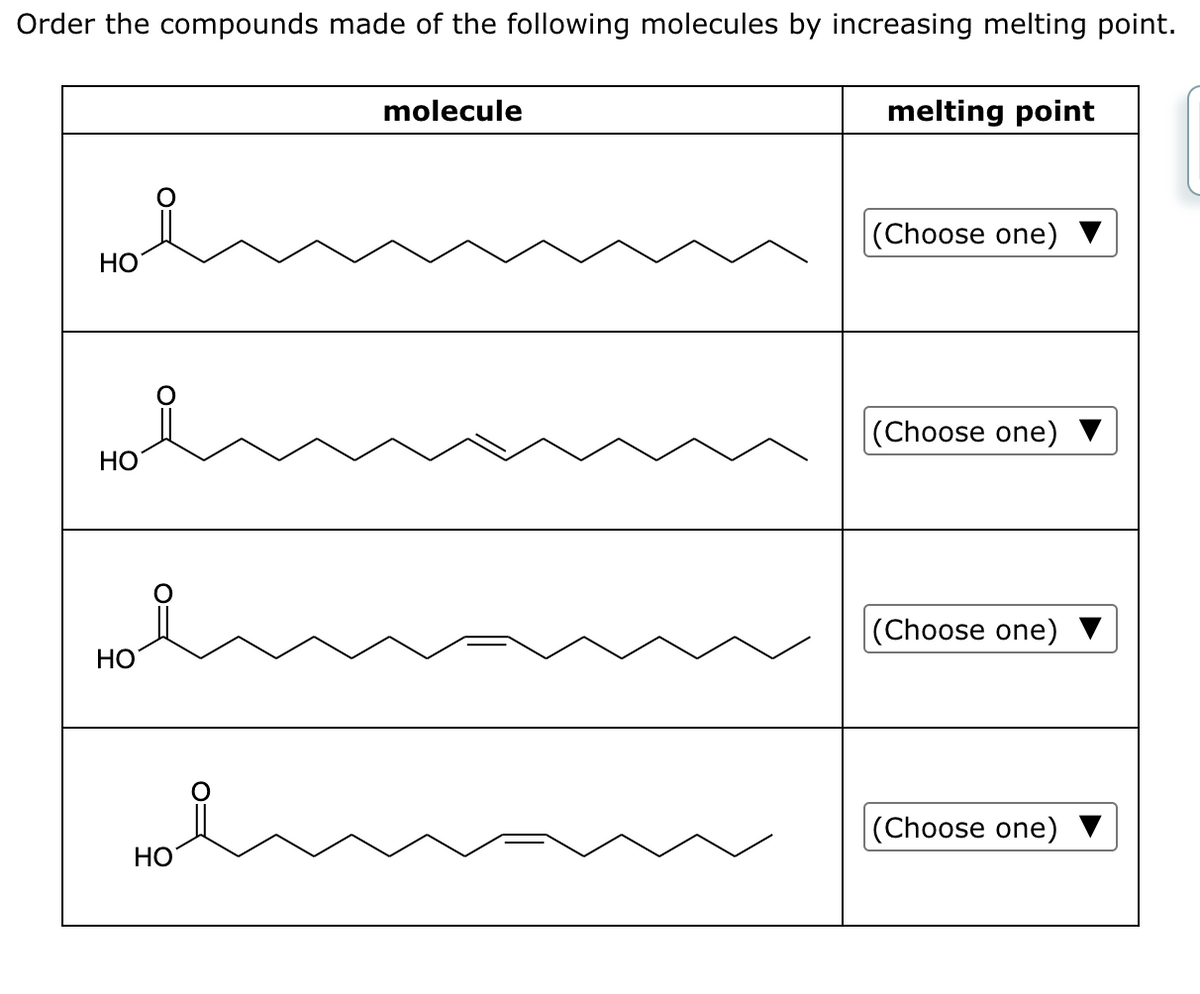 Order the compounds made of the following molecules by increasing melting point.
HO
HO
HO
HO
molecule
melting point
(Choose one)
(Choose one) ▼
(Choose one)
(Choose one)