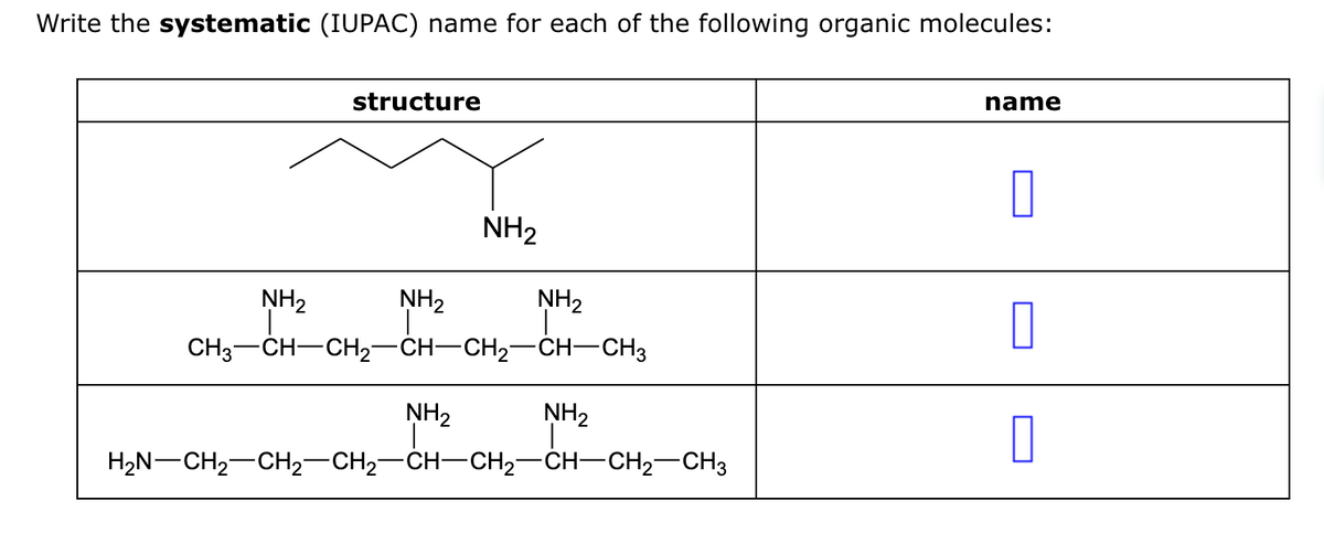 Write the systematic (IUPAC) name for each of the following organic molecules:
structure
NH₂
NH₂
NH₂
CH3-CH-CH₂-CH-CH₂-CH-CH3
NH₂
NH₂
H2N–CH2CH2CH2CH–CH2–CH–CH2CH3
NH₂
| ²
name
0
0
0