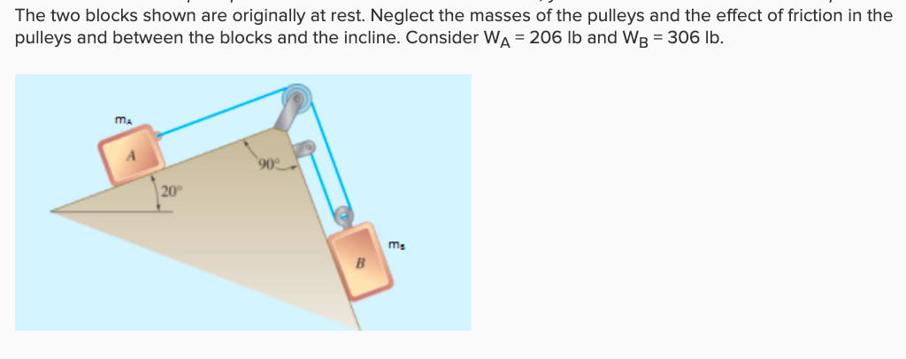 The two blocks shown are originally at rest. Neglect the masses of the pulleys and the effect of friction in the
pulleys and between the blocks and the incline. Consider WA = 206 Ib and WB = 306 Ib.
ma
90
20
B
