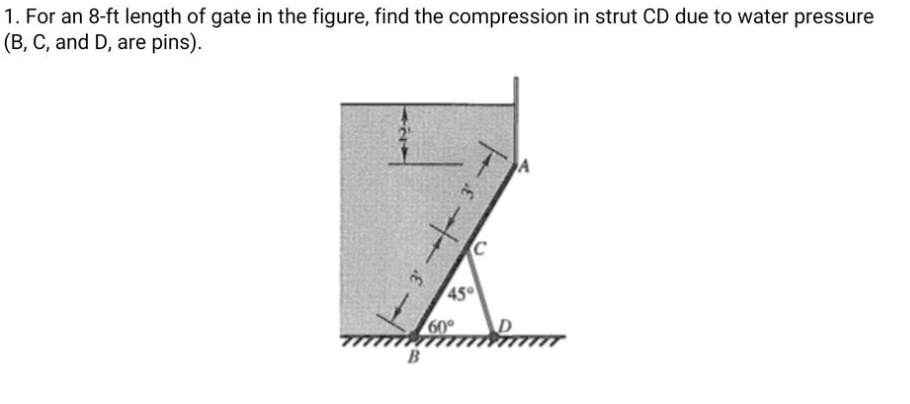 1. For an 8-ft length of gate in the figure, find the compression in strut CD due to water pressure
(B, C, and D, are pins).
2"
A
45
60
B
