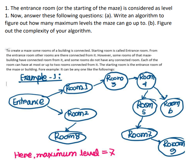 1. The entrance room (or the starting of the maze) is considered as level
1. Now, answer these following questions: (a). Write an algorithm to
figure out how many maximum levels the maze can go up to. (b). Figure
out the complexity of your algorithm.
To create a maze some rooms of a building is connected. Starting room is called Entrance room. From
the entrance room other rooms are there connected from it. However, some rooms of that maze-
building have connected room from it, and some rooms do not have any connected room. Each of the
room can have at most or up to two rooms connected from it. The starting room is the entrance room of
the maze or building. Fore example: It can be any one like the followings:
Frample -J:
Room1
Roono
Roo
Entrance
Room Raom
Room2
Room8
Room?
RoDor
Here, maxumum level =7
