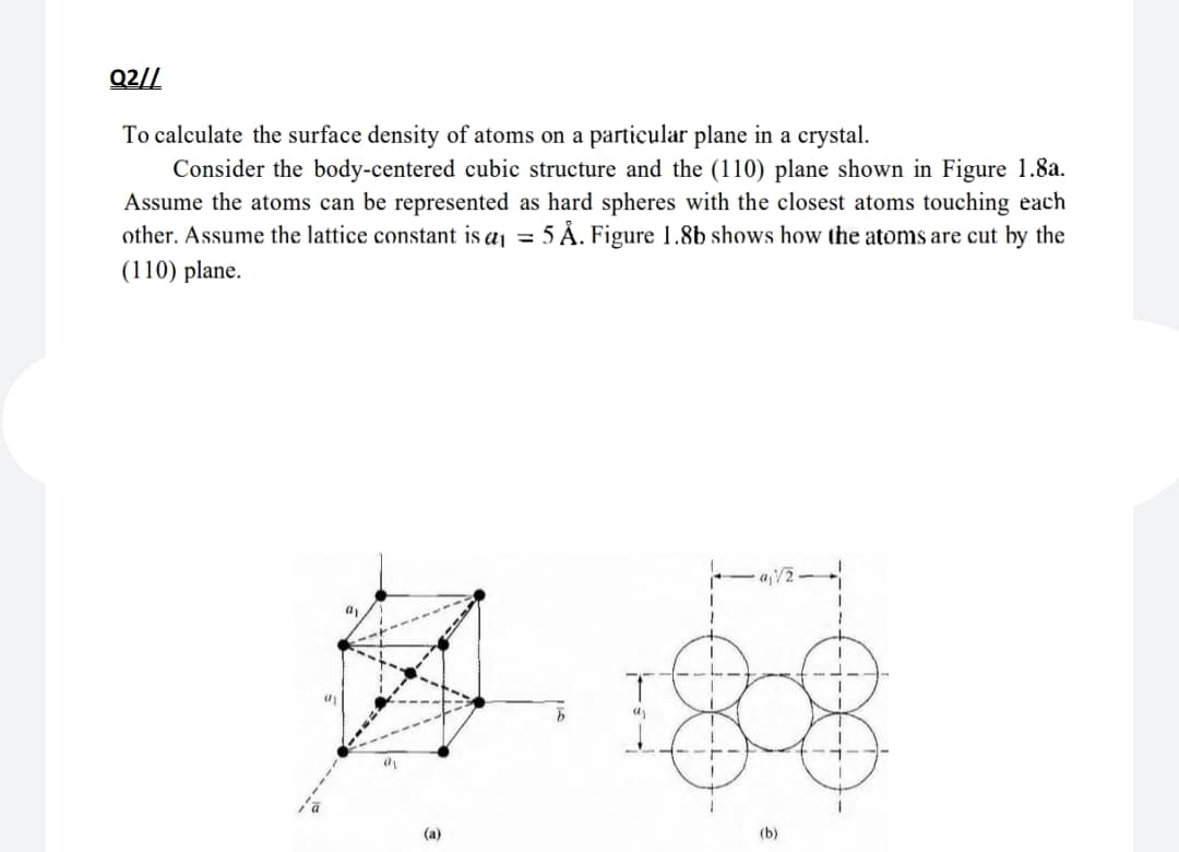 Q2//
To calculate the surface density of atoms on a particular plane in a crystal.
Consider the body-centered cubic structure and the (110) plane shown in Figure 1.8a.
Assume the atoms can be represented as hard spheres with the closest atoms touching each
other. Assume the lattice constant is a = 5 Å. Figure 1.8b shows how the atoms are cut by the
(110) plane.
a
(а)
(b)
