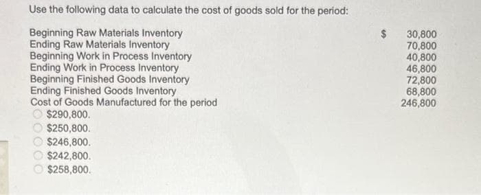 Use the following data to calculate the cost of goods sold for the period:
Beginning Raw Materials Inventory
Ending Raw Materials Inventory
Beginning Work in Process Inventory
Ending Work in Process Inventory
Beginning Finished Goods Inventory
Ending Finished Goods Inventory
Cost of Goods Manufactured for the period
$290,800.
$250,800.
$246,800.
$242,800.
$258,800.
$ 30,800
70,800
40,800
46,800
72,800
68,800
246,800