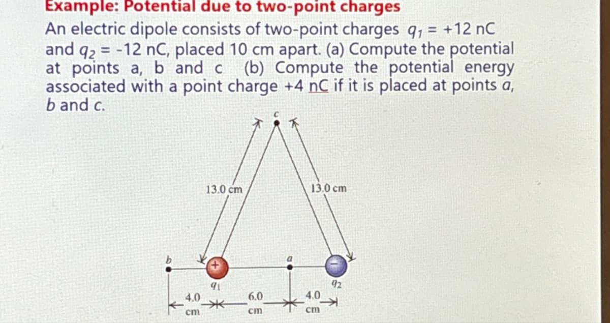 Example: Potential due to two-point charges
An electric dipole consists of two-point charges q, = +12 nC
and 92 = -12 nC, placed 10 cm apart. (a) Compute the potential
at points a, b and c (b) Compute the potential energy
associated with a point charge +4 nC if it is placed at points a,
b and c.
4.0
cm
13.0 cm
91
水
6.0
cm
a
13.0 cm
4.0
cm
92
