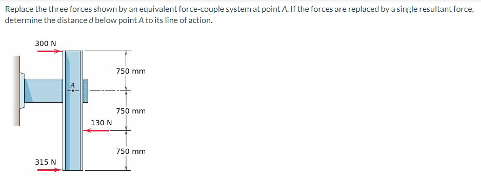 Replace the three forces shown by an equivalent force-couple system at point A. If the forces are replaced by a single resultant force,
determine the distance d below point A to its line of action.
300 N
750 mm
750 mm
750 mm
315 N
130 N