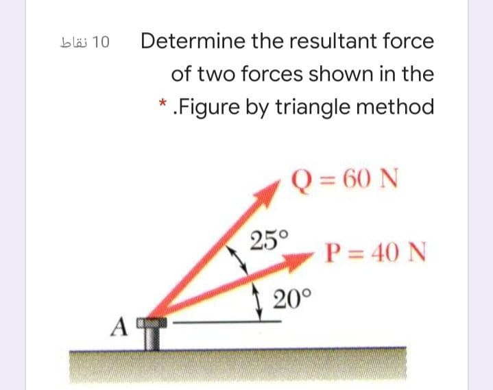 bläj 10
Determine the resultant force
of two forces shown in the
.Figure by triangle method
Q = 60 N
25°
P = 40 N
| 20°
A
