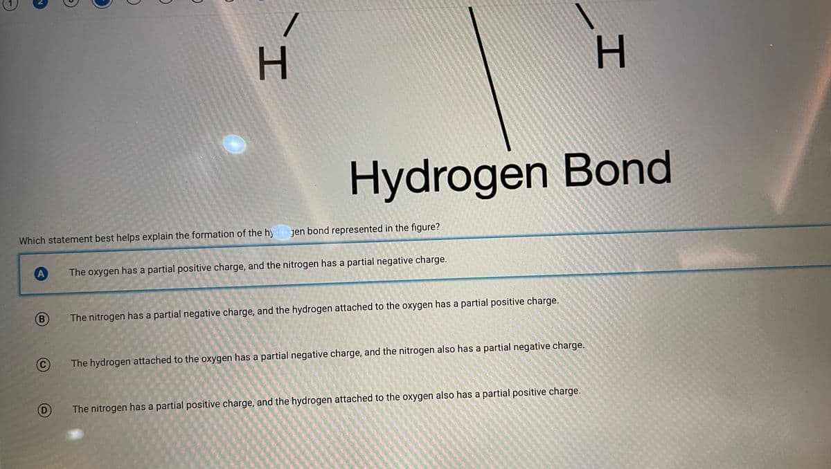 Hydrogen Bond
Which statement best helps explain the formation of the hydrogen bond represented in the figure?
The oxygen has a partial positive charge, and the nitrogen has a partial negative charge.
B
The nitrogen has a partial negative charge, and the hydrogen attached to the oxygen has a partial positive charge.
The hydrogen attached to the oxygen has a partial negative charge, and the nitrogen also has a partial negative charge.
The nitrogen has a partial positive charge, and the hydrogen attached to the oxygen also has a partial positive charge.
