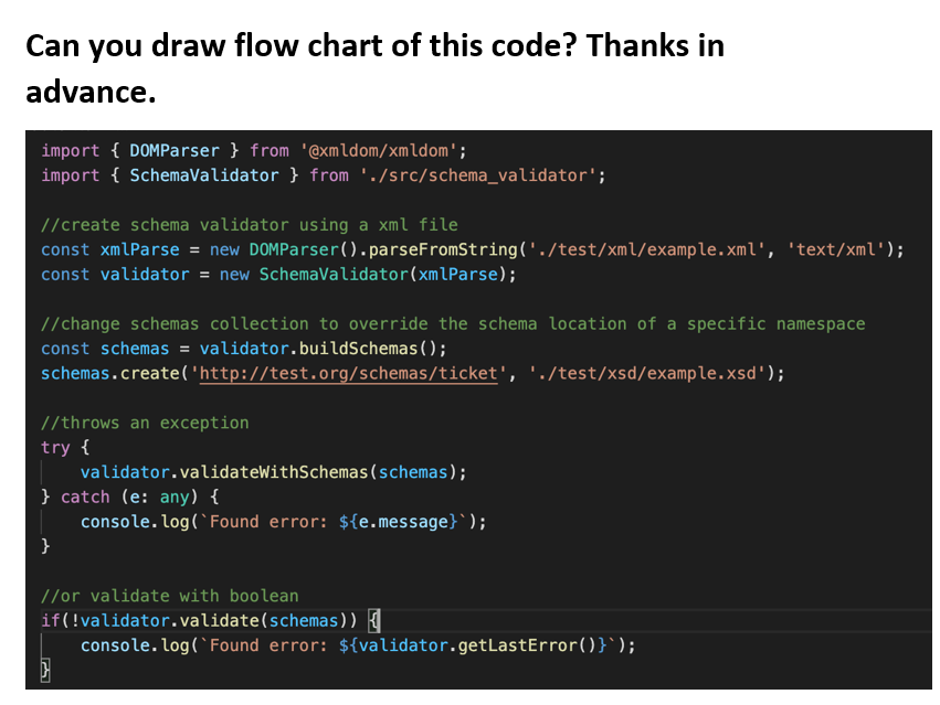 Can you draw flow chart of this code? Thanks in
advance.
import { DOMParser } from '@xmldom/xmldom';
import { SchemaValidator } from './src/schema_validator';
//create schema validator using a xml file
const xmlParse = new DOMParser().parseFromString('./test/xml/example.xml', 'text/xml');
const validator = new SchemaValidator(xmlParse);
//change schemas collection to override the schema location of a specific namespace
const schemas = validator.buildSchemas();
schemas.create('http://test.org/schemas/ticket', './test/xsd/example.xsd');
/throws an exception
try {
validator.validateWithSchemas(schemas);
} catch (e: any) {
console.log(`Found error: ${e.message}`);
}
//or validate with boolean
if(!validator.validate(schemas)) {
console.log(`Found error: ${validator.getLastError()}`);
