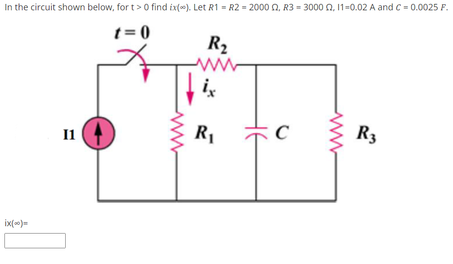 In the circuit shown below, fort> 0 find ix(0). Let R1 = R2 = 2000 N, R3 = 3000 Q, 11=0.02 A and C = 0.0025 F.
t= 0
R2
I1
R1
R3
ix(o)=
