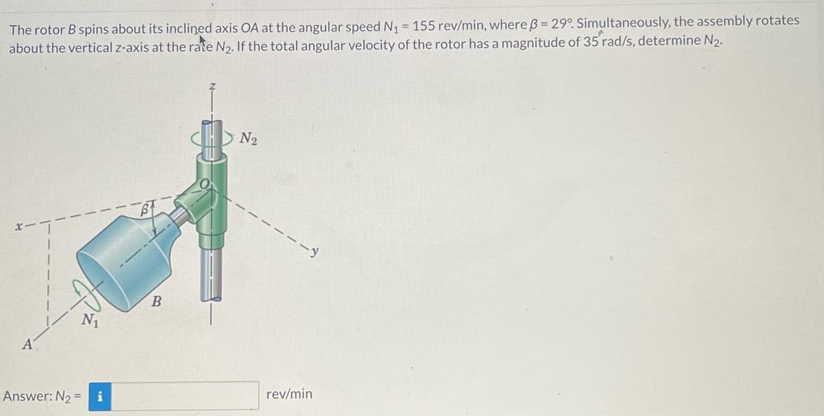 The rotor B spins about its inclined axis OA at the angular speed N₁ = 155 rev/min, where ß = 29°. Simultaneously, the assembly rotates
about the vertical z-axis at the rate N₂. If the total angular velocity of the rotor has a magnitude of 35 rad/s, determine N2.
Α΄
Answer: N₂= i
B
N₂
rev/min