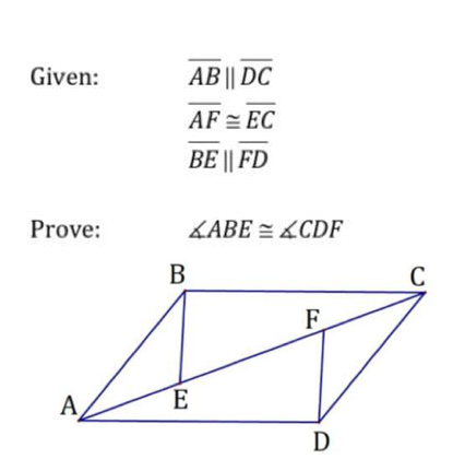 Given:
Prove:
A
AB
|| DC
AF = EC
BE || FD
B
KABE CDF
E
F
D
C