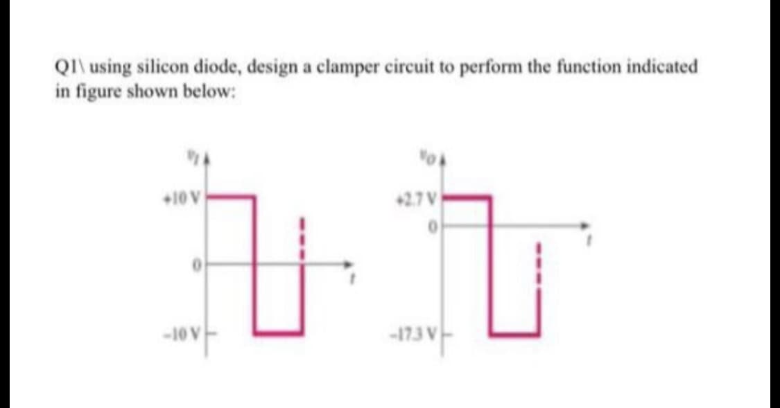 QI\ using silicon diode, design a clamper circuit to perform the function indicated
in figure shown below:
+10 V
+2.7V
-10v-
-173 V
