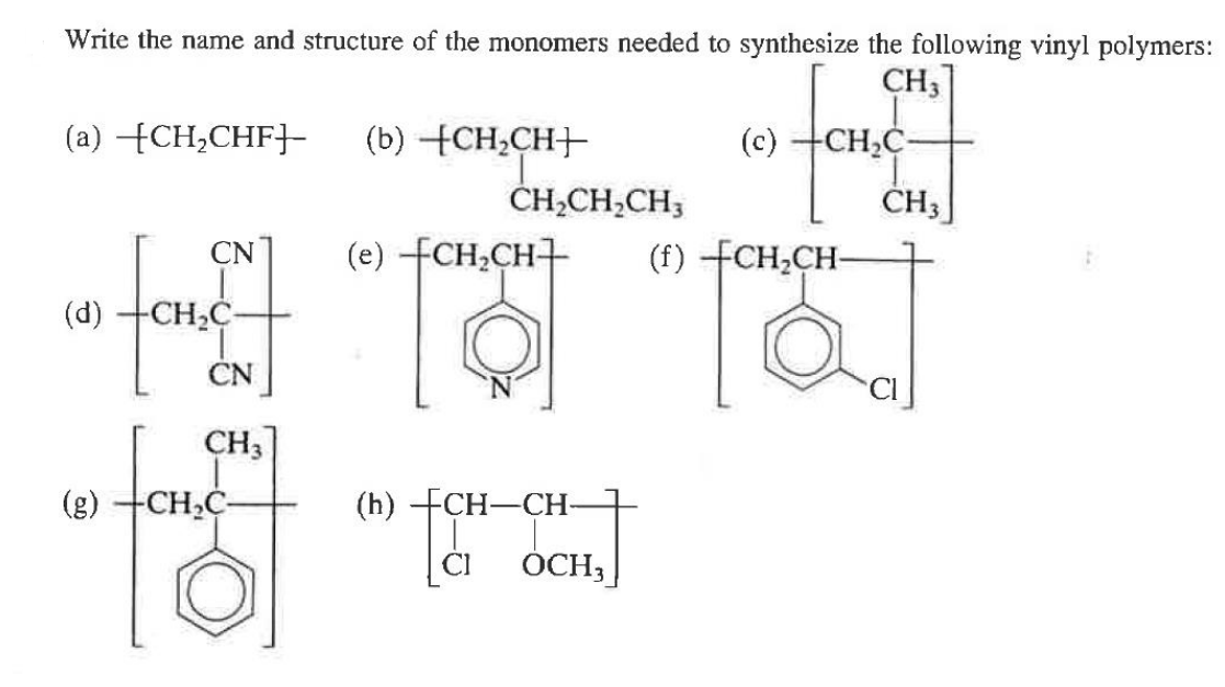 Write the name and structure of the monomers needed to synthesize the following vinyl polymers:
(a) [CH,CHF]- (b) (CH,CH
CH3
(c)
CH,CH,CH,
CH3
CN
(e) +CH,CH
(f) +CH,CH-
(d)
CN
CH3
(g) +CH,C
(h) +CH—CH
GoCH,