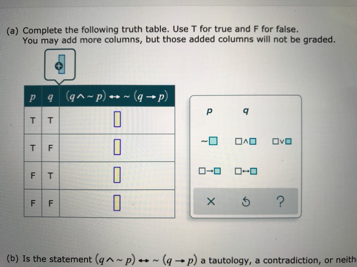 (a) Complete the following truth table. Use T for true and F for false.
You may add more columns, but those added columns will not be graded.
p q (q^~p) + ~ (q → p)
T T
Ovo
T F
F T
F F
(b) Is the statement (qn-p) ~ (q → p) a tautology, a contradiction, or neith-
