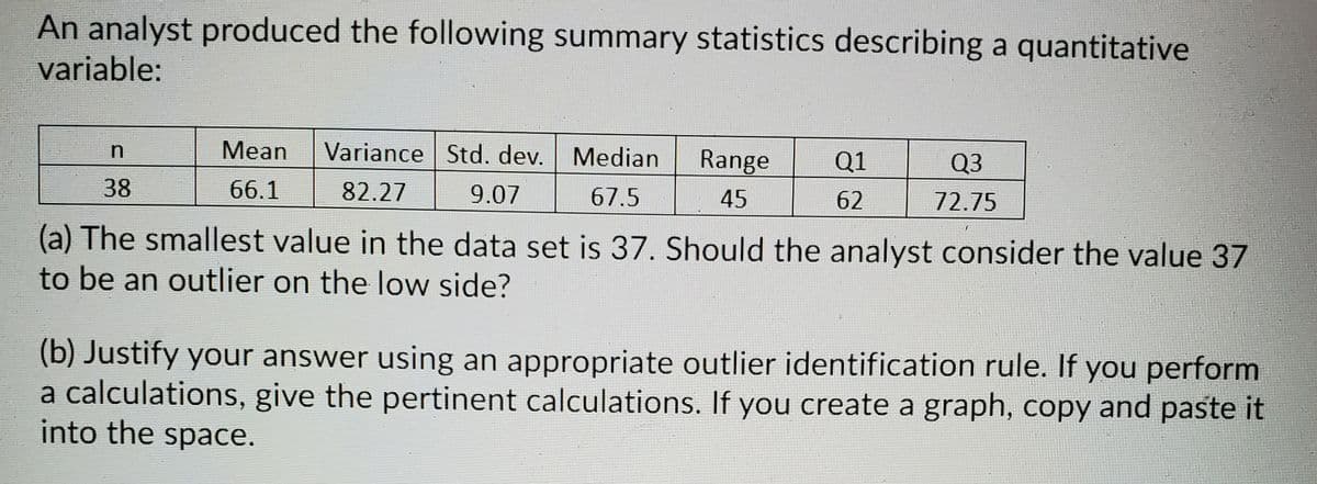 An analyst produced the following summary statistics describing a quantitative
variable:
Mean
Variance Std. dev. Median
Range
Q1
Q3
38
66.1
82.27
9.07
67.5
45
62
72.75
(a) The smallest value in the data set is 37. Should the analyst consider the value 37
to be an outlier on the low side?
(b) Justify your answer using an appropriate outlier identification rule. If you perform
a calculations, give the pertinent calculations. If you create a graph, copy and paste it
into the space.
