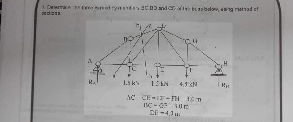 1. Determine the force carried by members BC,BD and CD of the truss below, using method of
sections.
A
RA
a
b₁
E
b
1.5 kN 1.5 kN
G
F
4.5 kN
AC = CE = EF = FH = 3.0 m
BCGF 3.0 m
DE = 4.0 m
H
RH
