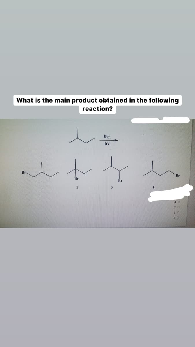 What is the main product obtained in the following
reaction?
Br2
hv
Br
Br
Br
40
2 0
1 0
3 0
