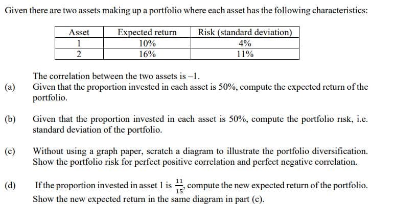 Given there are two assets making up a portfolio where each asset has the following characteristics:
Asset
Risk (standard deviation)
Expected return
10%
1
4%
2
16%
11%
The correlation between the two assets is -1.
(a)
Given that the proportion invested in each asset is 50%, compute the expected return of the
portfolio.
(b)
Given that the proportion invested in each asset is 50%, compute the portfolio risk, i.e.
standard deviation of the portfolio.
(c)
Without using a graph paper, scratch a diagram to illustrate the portfolio diversification.
Show the portfolio risk for perfect positive correlation and perfect negative correlation.
(d)
If the proportion invested in asset 1 is , compute the new expected return of the portfolio.
Show the new expected return in the same diagram in part (c).