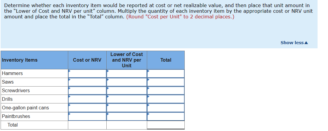 Determine whether each inventory item would be reported at cost or net realizable value, and then place that unit amount in
the "Lower of Cost and NRV per unit" column. Multiply the quantity of each inventory item by the appropriate cost or NRV unit
amount and place the total in the "Total" column. (Round "Cost per Unit" to 2 decimal places.)
Inventory Items
Cost or NRV
Lower of Cost
and NRV per
Unit
Total
Hammers
Saws
Screwdrivers
Drills
One-gallon paint cans
Paintbrushes
Total
Show less▲
