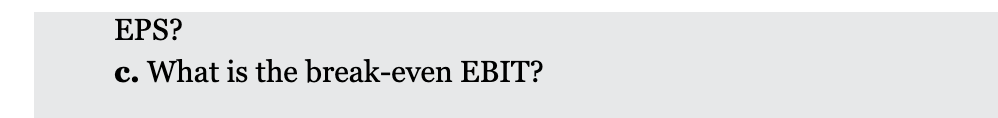 EPS?
c. What is the break-even EBIT?
