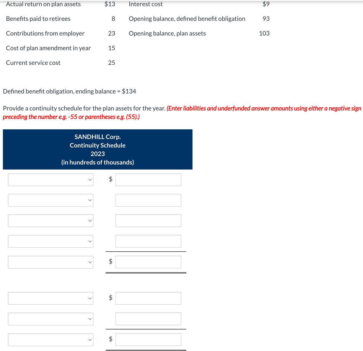 Actual return on plan assets
$13
Interest cost
$9
Benefits paid to retirees
8
Opening balance, defined benefit obligation
93
Contributions from employer
23
Opening balance, plan assets
103
Cost of plan amendment in year
15
Current service cost
25
Defined benefit obligation, ending balance = $134
Provide a continuity schedule for the plan assets for the year. (Enter liabilities and underfunded answer amounts using either a negative sign
preceding the number e.g. -55 or parentheses e.g. (55).)
SANDHILL Corp.
Continuity Schedule
2023
(in hundreds of thousands)
GA
$
$