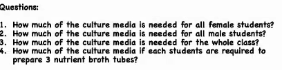 Questions:
1. How much of the culture media is needed for all female students?
2. How much of the culture media is needed for all male students?
3. How much of the culture media is needed for the whole class?
4. How much of the culture media if each students are required to
prepare 3 nutrient broth tubes?
