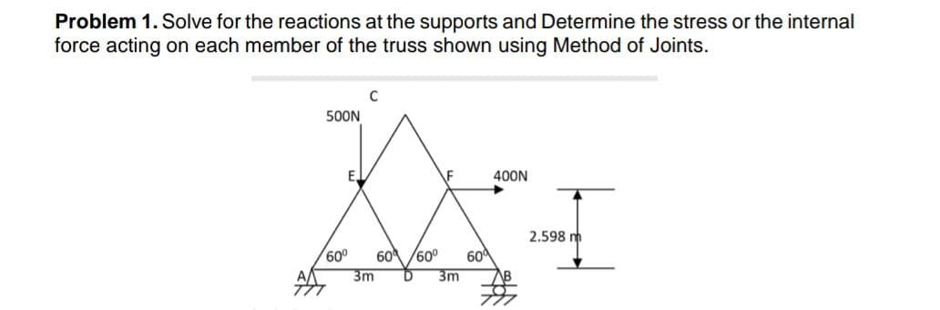 Problem 1. Solve for the reactions at the supports and Determine the stress or the internal
force acting on each member of the truss shown using Method of Joints.
500N
60⁰
C
60/60⁰ 60
3m D 3m
400N
2.598 m