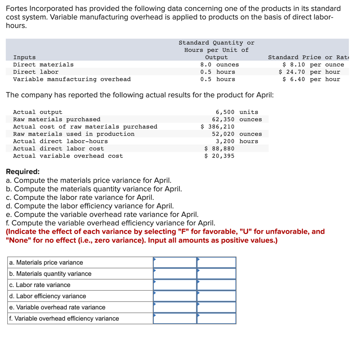 Fortes Incorporated has provided the following data concerning one of the products in its standard
cost system. Variable manufacturing overhead is applied to products on the basis of direct labor-
hours.
Inputs
Direct materials
Direct labor
Variable manufacturing overhead
Actual
put
Raw materials purchased
Actual cost of raw materials purchased
Raw materials used in production
Actual direct labor-hours
Actual direct labor cost
Actual variable overhead cost
Standard Quantity or
Hours per Unit of
Output
8.0 ounces
0.5 hours
0.5 hours
The company has reported the following actual results for the product for April:
6,500 units
62,350 ounces
a. Materials price variance
b. Materials quantity variance
c. Labor rate variance
d. Labor efficiency variance
e. Variable overhead rate variance
f. Variable overhead efficiency variance
$ 386,210
52,020 ounces
3,200 hours
Standard Price or Rat
$ 8.10 per ounce
$24.70 per hour
$ 6.40 per hour
$ 88,880
$ 20,395
Required:
a. Compute the materials price variance for April.
b. Compute the materials quantity variance for April.
c. Compute the labor rate variance for April.
d. Compute the labor efficiency variance for April.
e. Compute the variable overhead rate variance for April.
f. Compute the variable overhead efficiency variance for April.
(Indicate the effect of each variance by selecting "F" for favorable, "U" for unfavorable, and
"None" for no effect (i.e., zero variance). Input all amounts as positive values.)