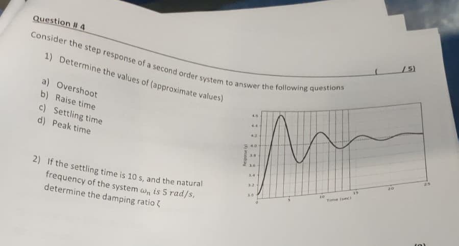 Question #4
Consider the step response of a second order system to answer the following questions
1) Determine the values of (approximate values)
a) Overshoot
b) Raise time
c) Settling time
d) Peak time
44
4.0
M
3.8
3.6
3.4
2) If the settling time is 10 s, and the natural
frequency of the system wn is 5 rad/s,
determine the damping ratio
3.2
15
10
30
0
Response ly
Time (sec)
/5)
25