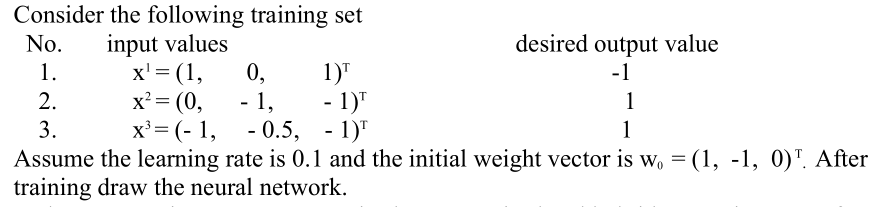 Consider the following training set
input values
x' = (1,
x? = (0,
х3 (- 1, -0.5, -1)"
No.
desired output value
1.
0,
- 1,
1)"
- 1)"
-1
2.
1
3.
1
Assume the learning rate is 0.1 and the initial weight vector is w, = (1, -1, 0)". After
training draw the neural network.
