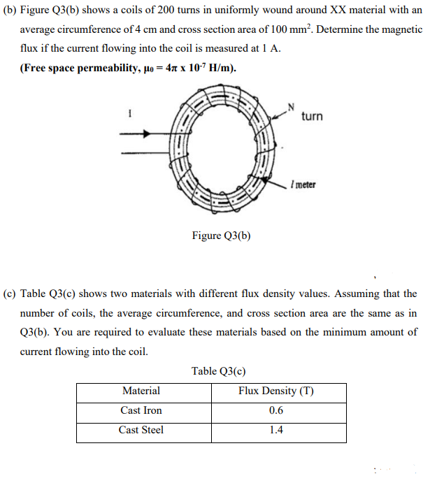 (b) Figure Q3(b) shows a coils of 200 turns in uniformly wound around XX material with an
average circumference of 4 cm and cross section area of 100 mm². Determine the magnetic
flux if the current flowing into the coil is measured at 1 A.
(Free space permeability, µo = 47 x 107 H/m).
turn
I meter
Figure Q3(b)
(c) Table Q3(c) shows two materials with different flux density values. Assuming that the
number of coils, the average circumference, and cross section area are the same as in
Q3(b). You are required to evaluate these materials based on the minimum amount of
current flowing into the coil.
Table Q3(c)
Material
Flux Density (T)
Cast Iron
0.6
Cast Steel
1.4
